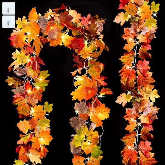 Fall Maple Leaf Garland with LED Pumpkin Lights — 3-Pack