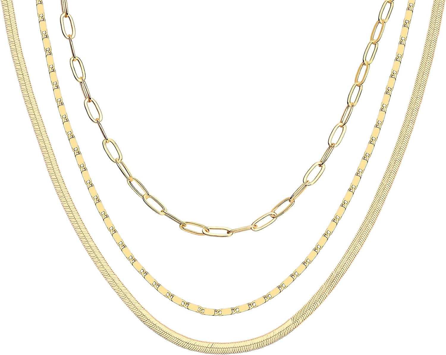 3 Layered Golden Plated Layering Necklaces — Cuban Link & Snake Chain